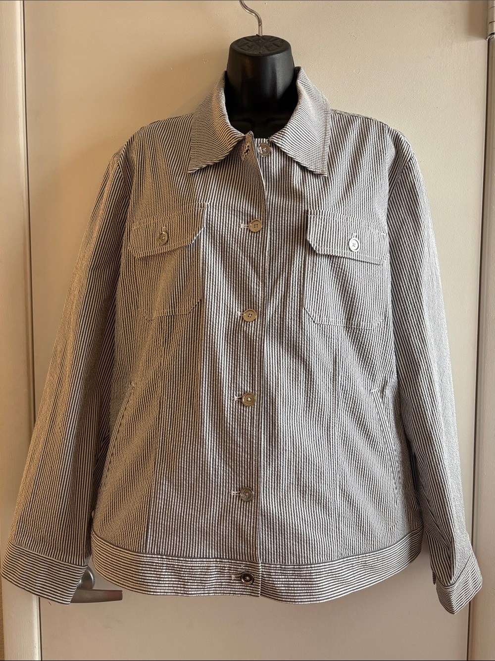 Jones New York Cotton Sear Sucker Woman’s Silver Button Down Preppy Jacket SZ 3X